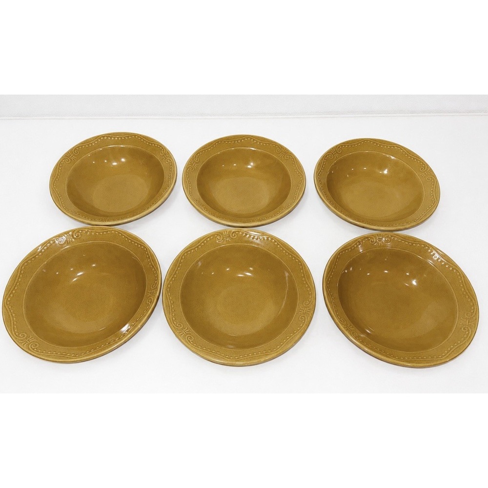ISABELLA By Kennex Set of 6 Cereal Dessert Bowls Mustard Embossed Scroll Dot Rim